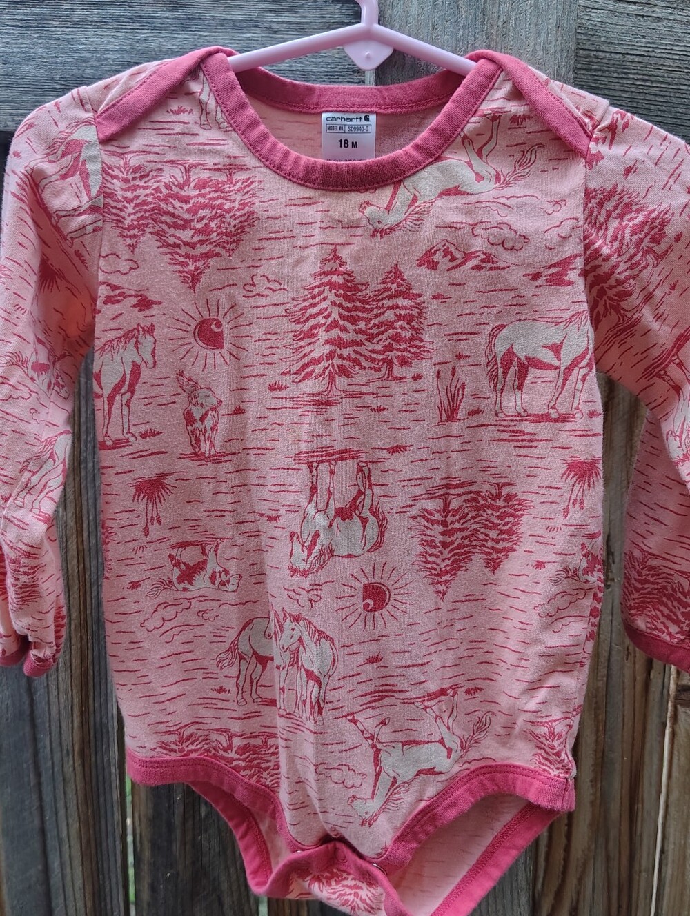 Carhartt Baby 18M Farm Horse Dog Print Short Sleeve Bodysuit Pink NWOT Animals